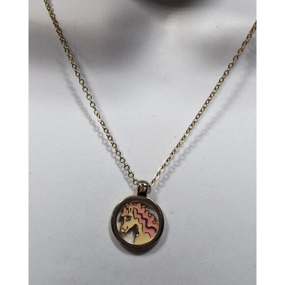 Vintage Pink And White Unicorn Pendant Necklace With Gold Tone Chain - Picture 4 of 6